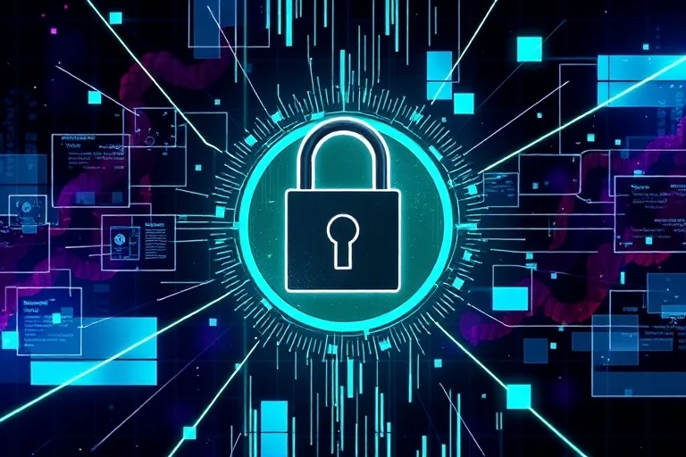 Digital art illustrating data encryption and a padlock