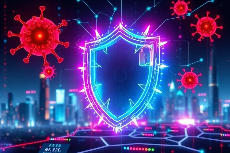 Cyberpunk style illustration of a digital shield defending against cyber attacks