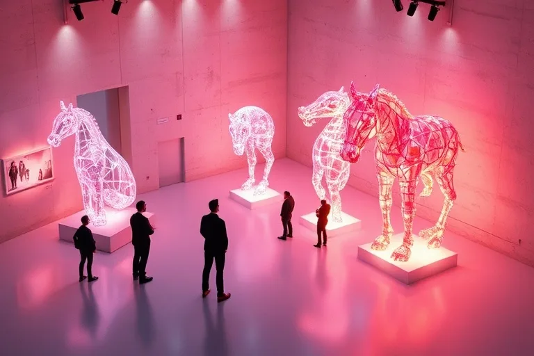 Holographic AI sculptures in a minimalist gallery