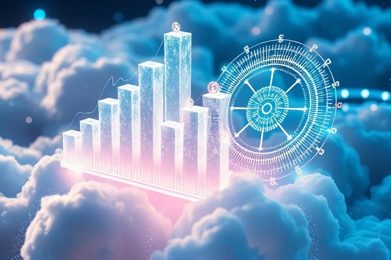 Render 3D abstracto de gráficos financieros y símbolos de ahorro en la nube