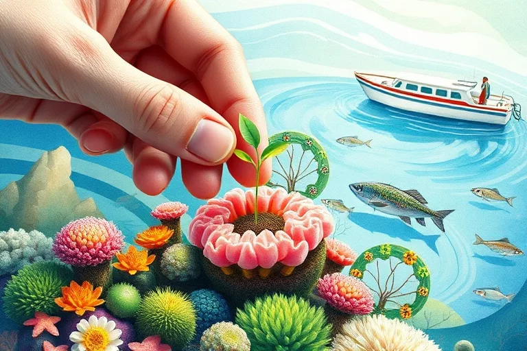 Conceptual illustration of sustainable marine ecosystem with hand planting coral
