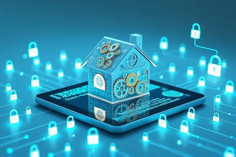 Stylized house icon with gears and circuit board patterns, representing digital property transactions.