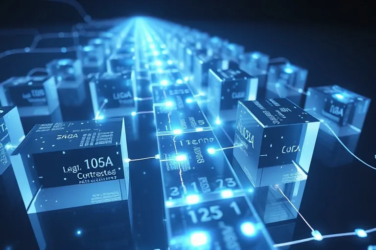 Abstract 3D render of a secure data pipeline with crystalline blocks and glowing data packets.