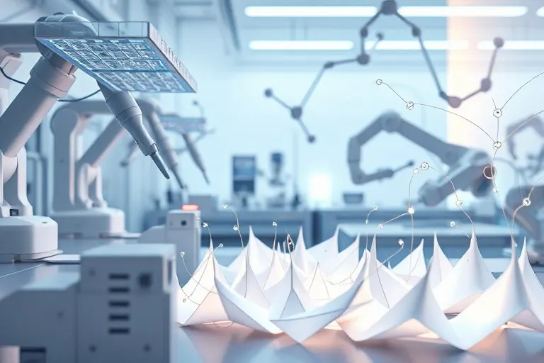 Laboratorio futurista con fibras textiles bio-ingenieriles y pantallas digitales mostrando estructuras moleculares, simbolizando la innovación en materiales sostenibles.