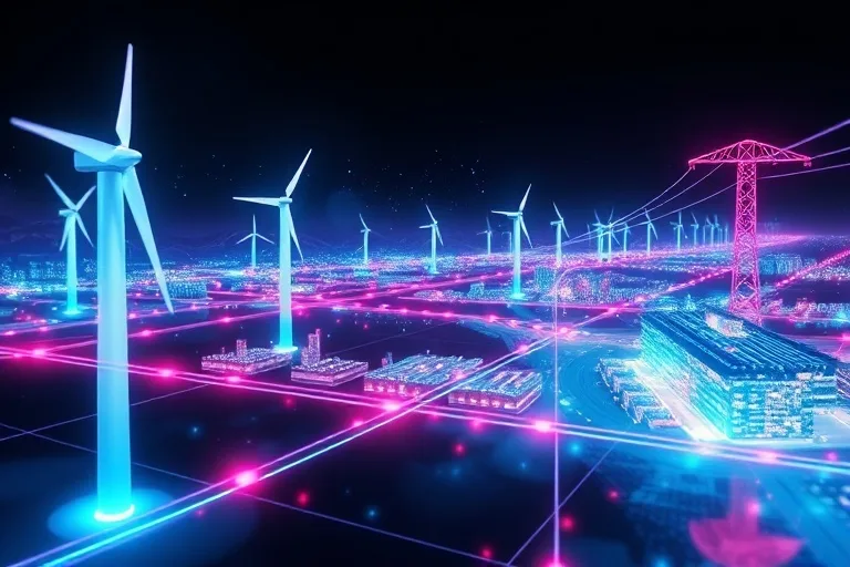 Watercolor depiction of a smart grid with renewable energy sources and intelligent distribution