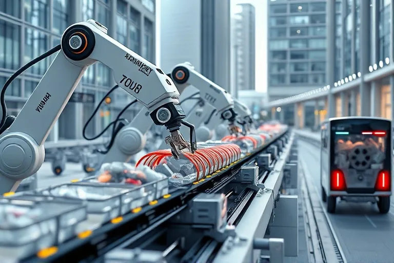 3D render of automated smart waste management system with robotic sorting and autonomous vehicles