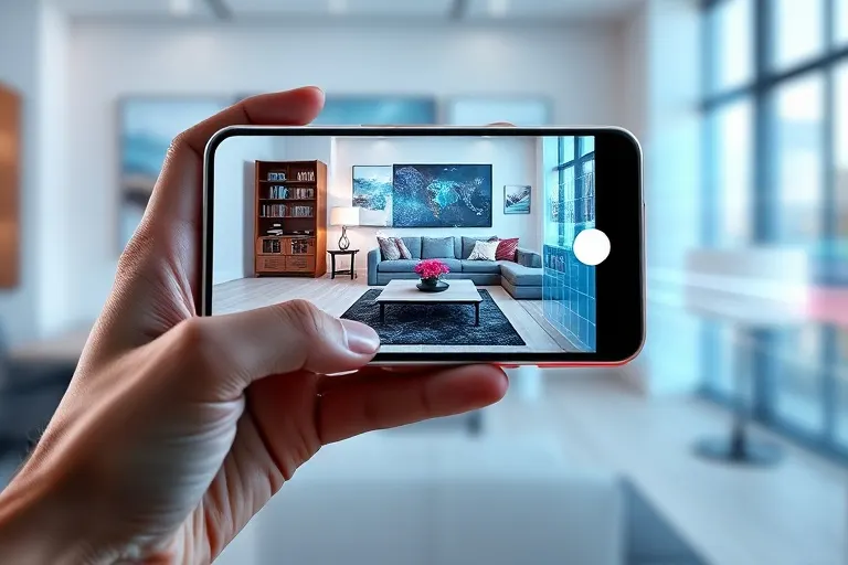 Mano sosteniendo un smartphone que muestra una aplicación de realidad aumentada para diseño de interiores, con muebles virtuales superpuestos en un espacio real.