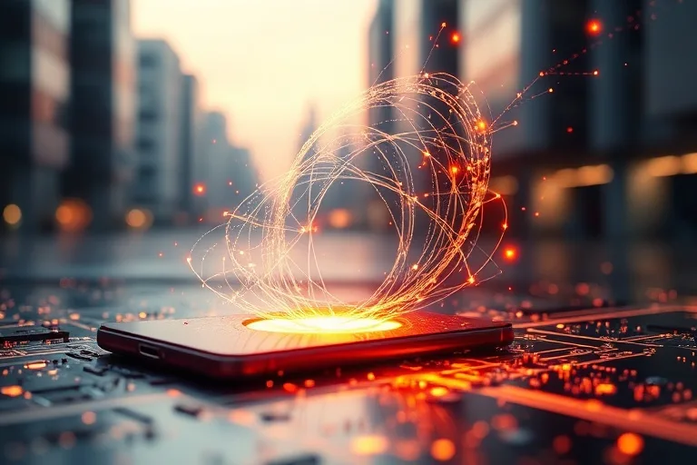 Representación abstracta de datos y luz emergiendo de un smartphone, simbolizando la fusión de lo digital y lo físico en un futuro tecnológico.