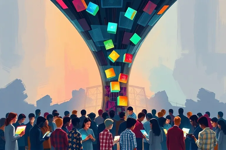 Ilustración vectorial de datos fluyendo hacia un embudo, con bloques de datos de diferentes tamaños y colores, representando sesgos. Figuras humanas diversas interactúan con pantallas, algunas mostrando efectos negativos de decisiones algorítmicas.