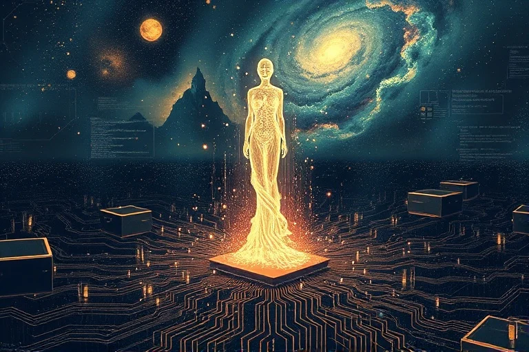 Pintura digital de una forma luminosa y abstracta emergiendo de una placa de circuito, con partículas brillantes y un fondo cósmico, simbolizando la conciencia digital y la superinteligencia.