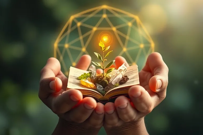 Manos cuidan un terrario con cristales y energía sutil
