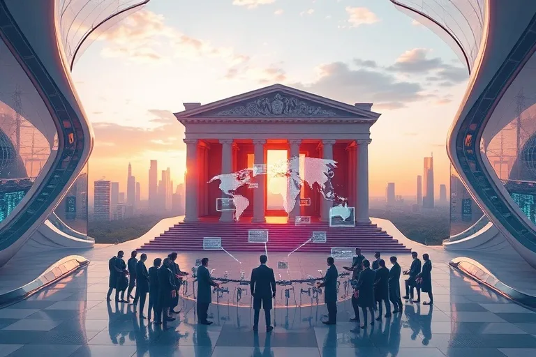 Futuristic courthouse discussing legal codes