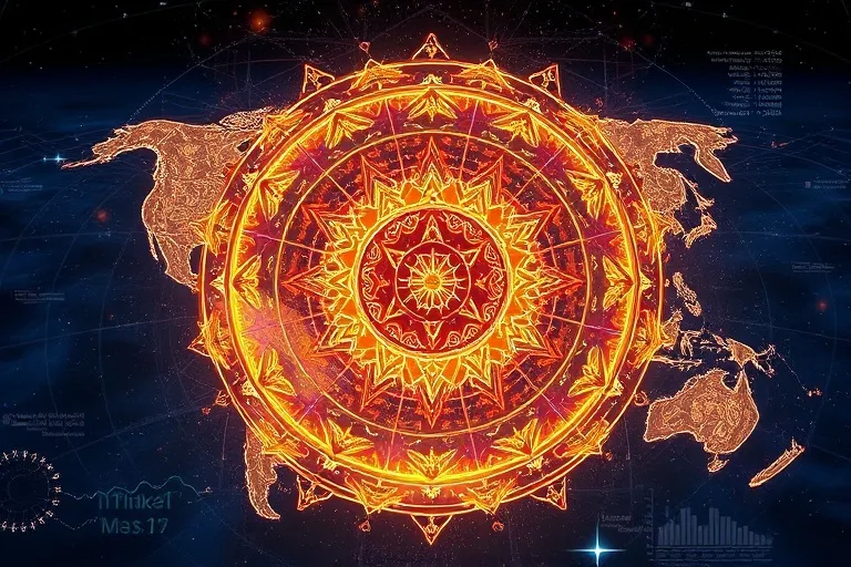 Global map with Chinese Zodiac symbols and financial charts