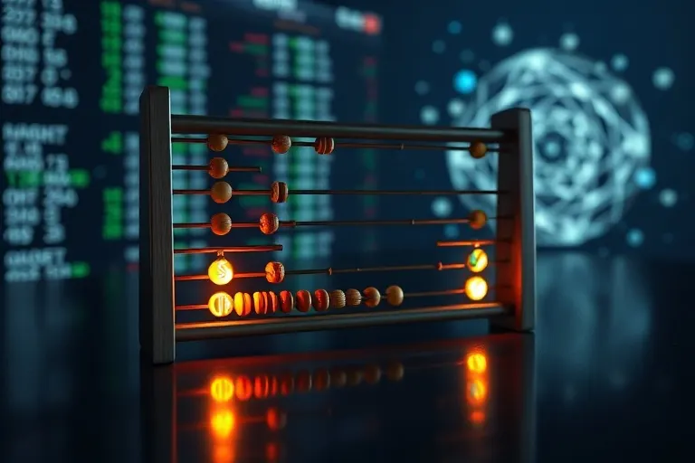 Abstract abacus with elemental symbols and blurred stock tickers