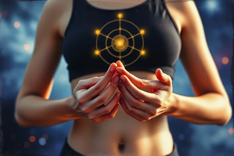 Manos de una persona en una pose de danza meditativa, con un fondo de colores cósmicos que sugieren energía y conexión espiritual.