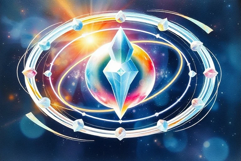 Representación abstracta de un cristal central que irradia luz, rodeado de esferas planetarias translúcidas y cintas de energía, simbolizando la conexión entre el individuo y el cosmos.