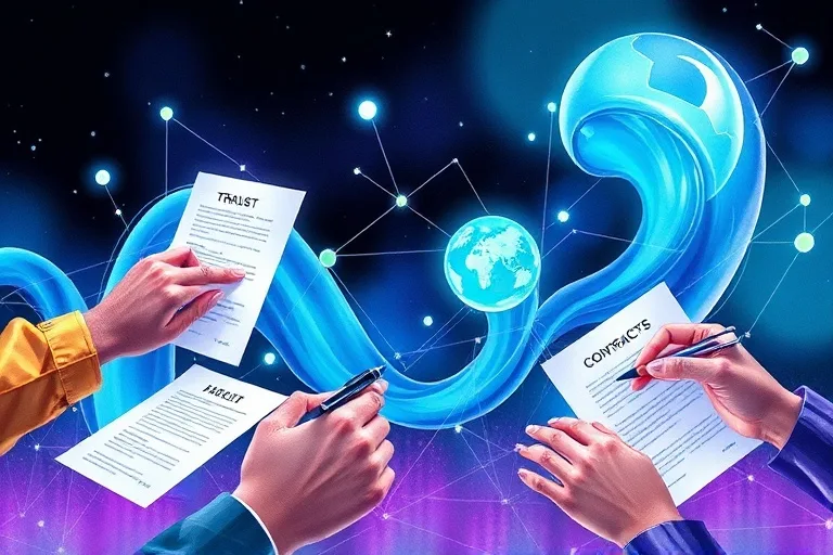 Ilustración acuarela de manos diversas interactuando con contratos digitales y documentos legales, con patrones de blockchain sutiles.