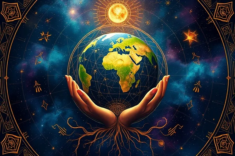 Stylized globe with astrological symbols and roots, cradled by hands, symbolizing protection and cosmic connection.