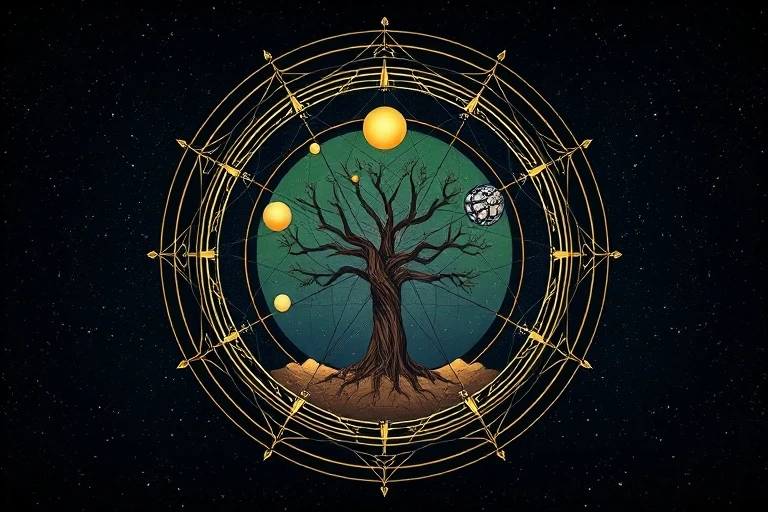 Vector art of planetary orbits intertwined with a tree of life, symbolizing cosmic and earthly balance.