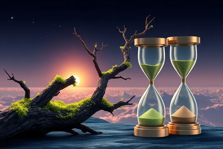 Render 3D de una rama de árbol antigua con musgo bioluminiscente y un reloj de arena metálico, simbolizando la longevidad y el tiempo