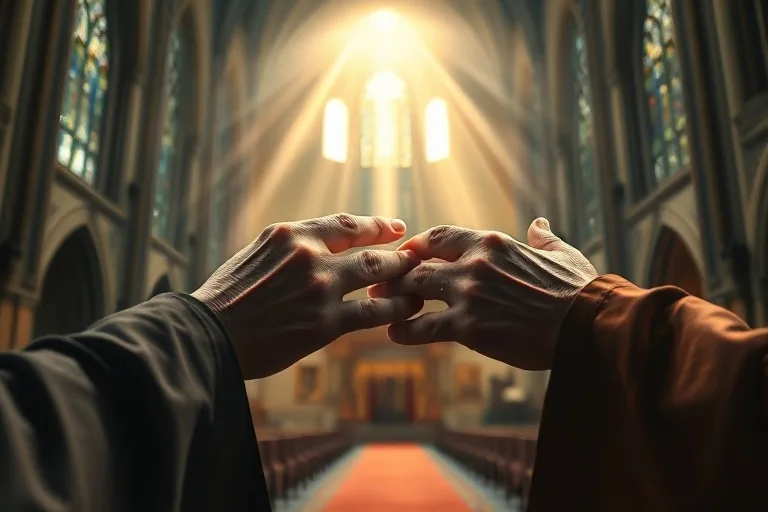 Manos recibiendo la Eucaristía con luz divina