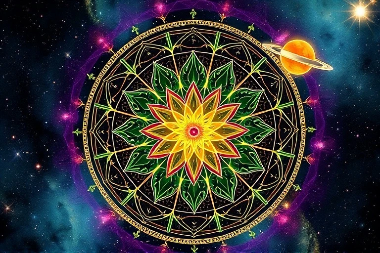 Artistic depiction of a chakra symbol with astrological glyphs