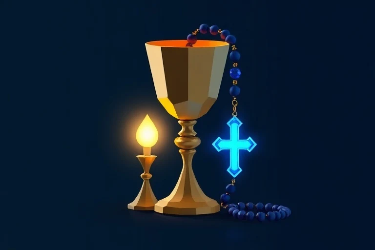 Cáliz y rosario simbolizando sacramentos y sacramentales