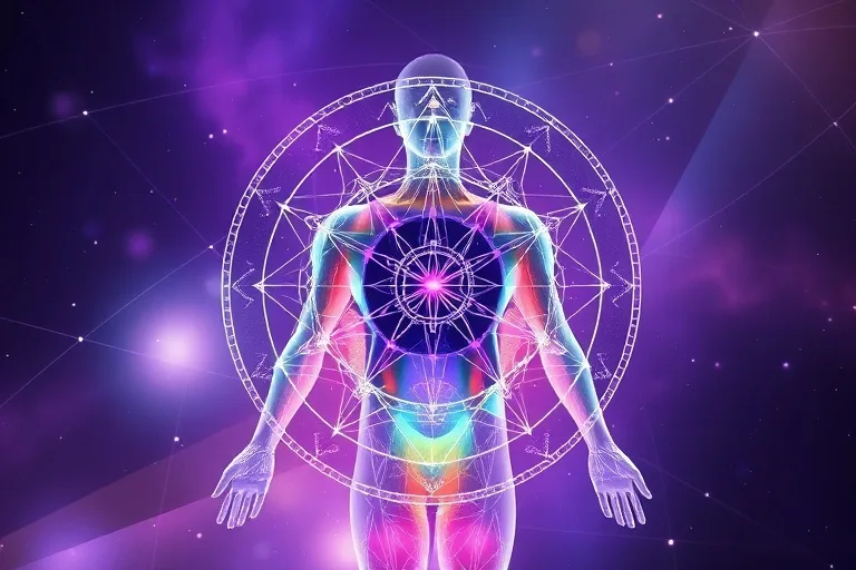 Abstract 3D render of energetic pathways and a birth chart overlay