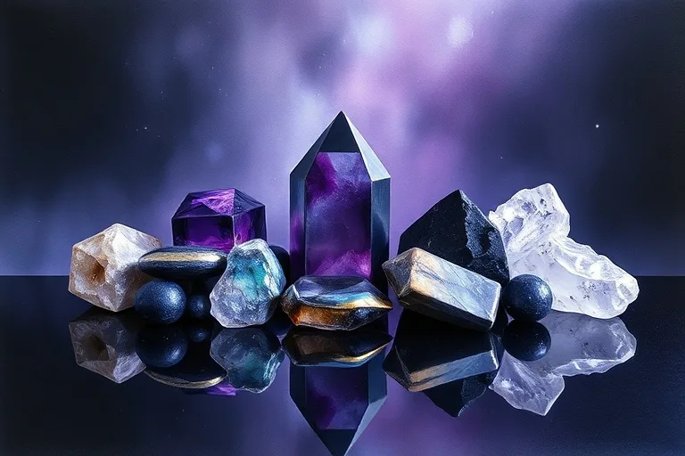 Oil painting of various healing crystals with a dark-to-light gradient background