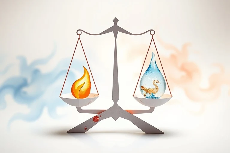 Balanza con símbolos elementales de equilibrio