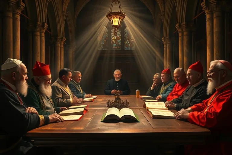 Teólogos y cardenales debatiendo sobre textos antiguos