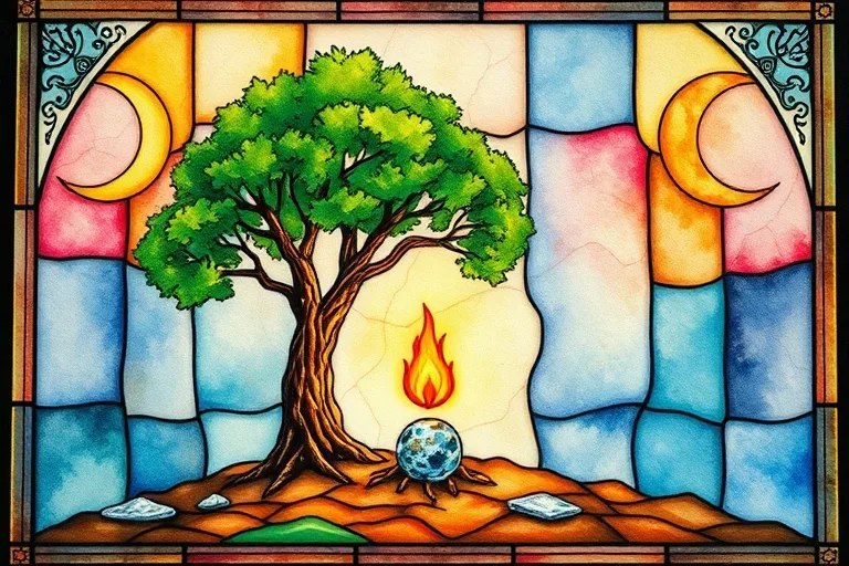 Watercolor painting of the elemental generating cycle: Wood igniting Fire, Fire creating Earth, Earth bearing Metal, Metal carrying Water, Water nourishing Wood.