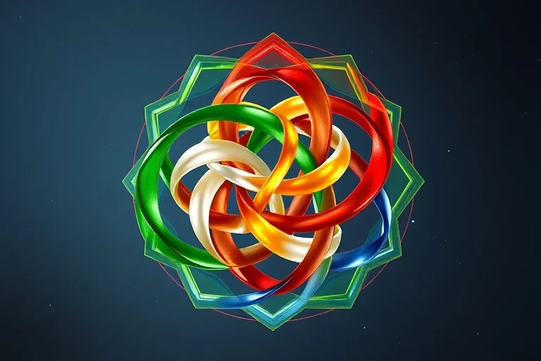 3D render of abstract, intertwining translucent ribbons of color representing Wood, Fire, Earth, Metal, and Water, forming a dynamic helix against a cosmic background.