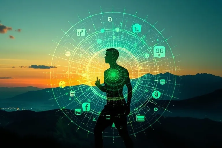Silueta de una persona activa rodeada de elementos de biohacking y naturaleza