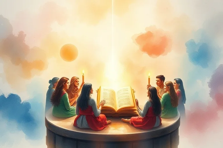 Pintura acuarela de comunidad en oración con velas