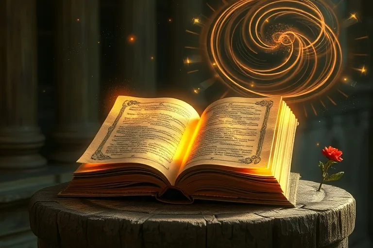 Libro antiguo con símbolos brillantes y figuras etéreas