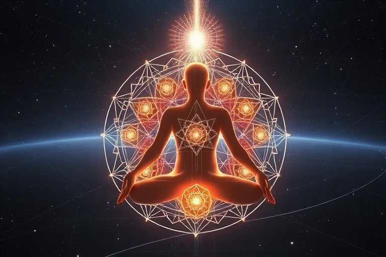 3D render of human chakra system with cosmic portal