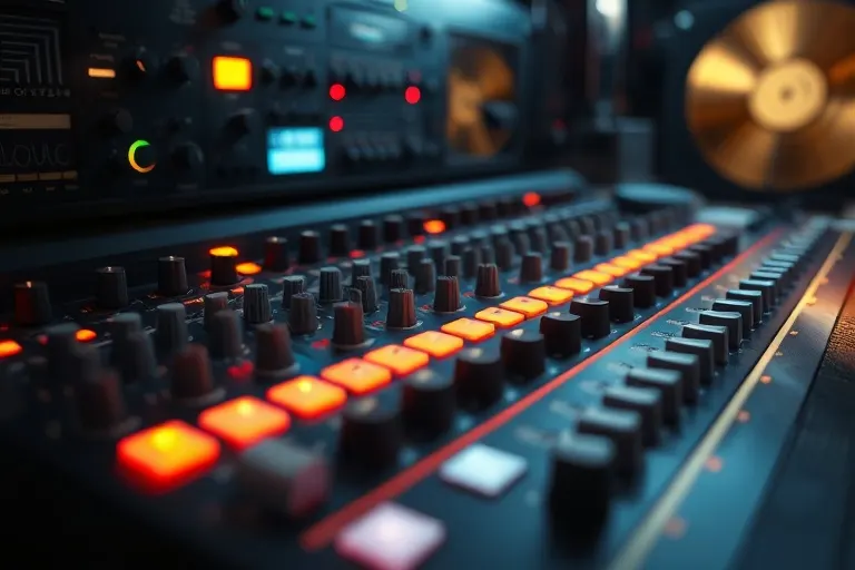 Un primer plano de una mesa de mezclas de audio vintage con botones y faders iluminados, simbolizando la innovación sonora y la producción musical.