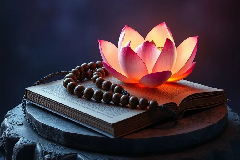 Render 3D de un rosario entrelazado con una flor de loto floreciendo, simbolizando la purificación y el despertar espiritual.