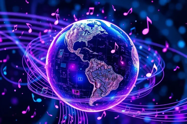 Patrones de ondas sonoras abstractas y elementos holográficos que se fusionan con un globo terráqueo estilizado, representando la difusión global de la música y la innovación.