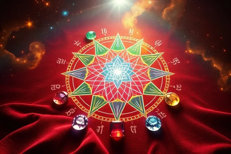 Gemas sagradas con auras de luz y mantras sánscritos