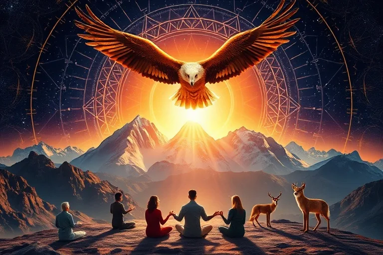Eagle soaring above mountains, people meditating connected to animal spirits