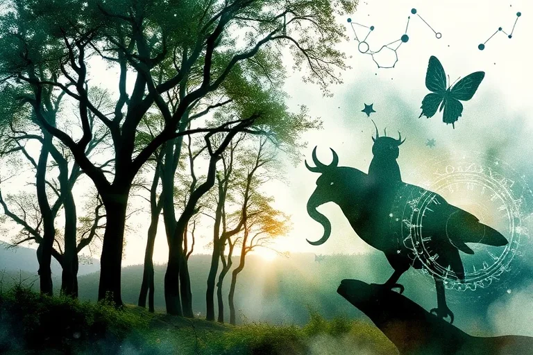 Forest scene with animal silhouettes interwoven with celestial patterns