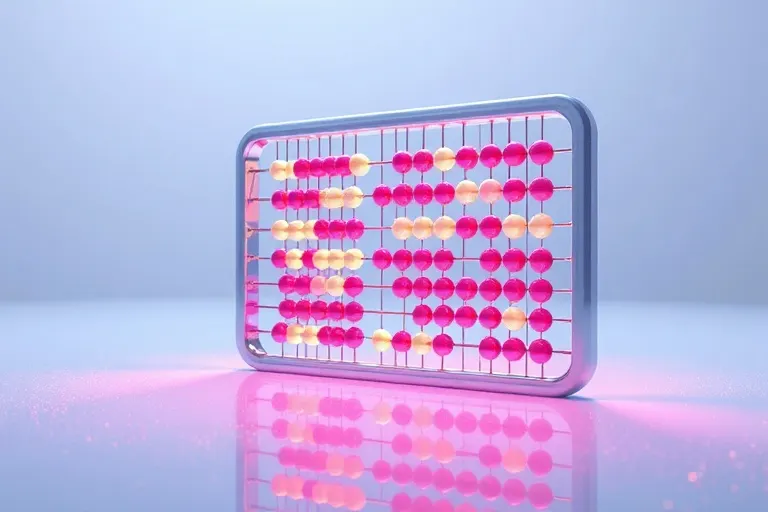 3D render of a stylized, futuristic abacus with glowing beads, advanced cognitive processing