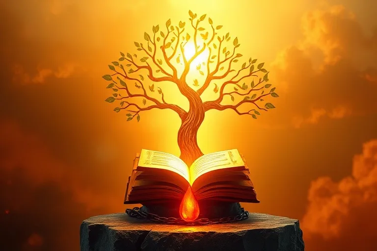 Arte digital conceptual del sacrificio transformado en vida eterna y santidad.