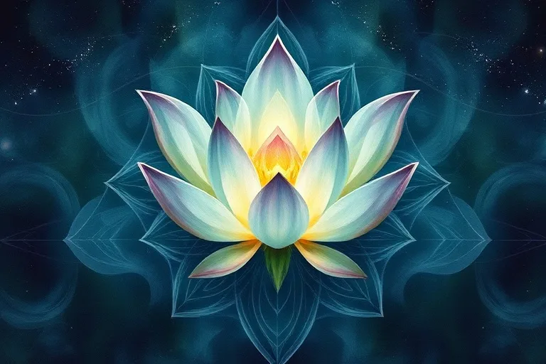 A watercolor painting of a lotus flower with a glowing wound, symbolizing Chiron's healing journey and resilience.
