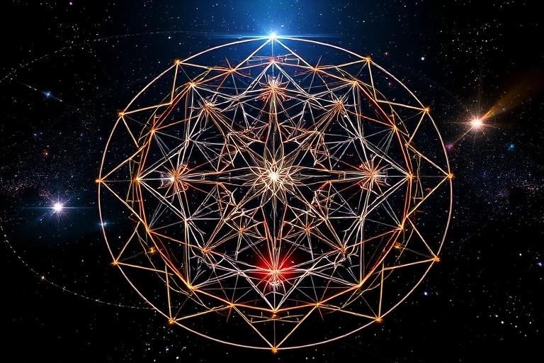 An abstract 3D render of cosmic pathways with illuminated and darker paths, representing North and South Lunar Nodes, and crystalline structures for shadow aspects.