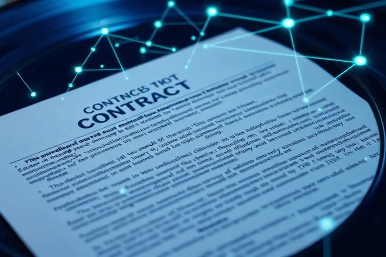 Detalle de un contrato digital con iconos de beneficios y seguridad laboral.