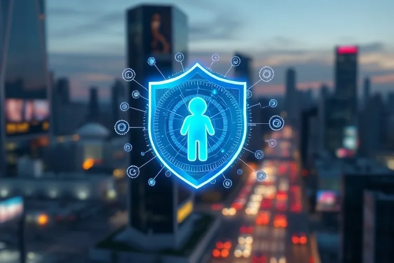 Representación abstracta de un escudo protector digital con nodos interconectados.