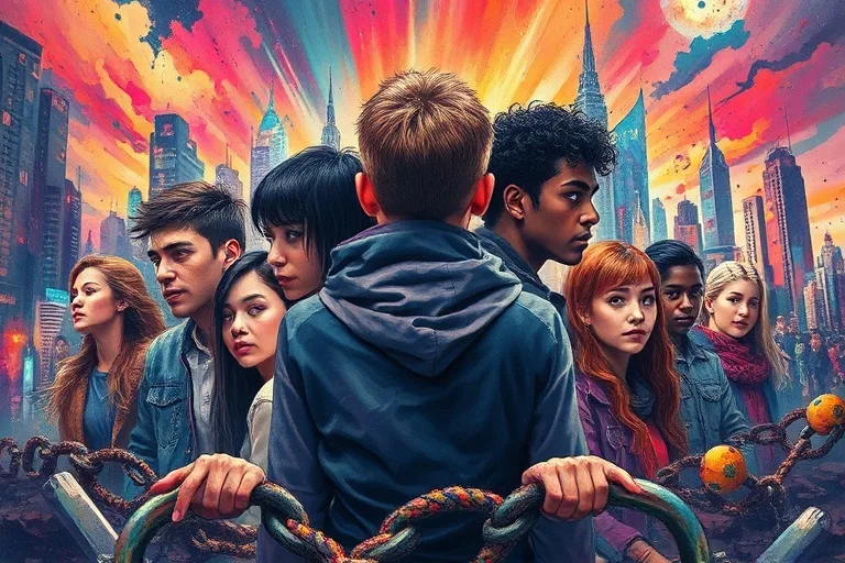 Grupo de jóvenes en una ciudad futurista en transformación